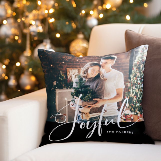 Glatt | Elegant Script och Photo jul Black Kudde (An elegant holiday family photo pillow with modern script calligraphy)