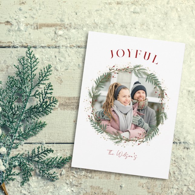 Glatt Elegant Utandningsportet Fotopulkort Julkort (Joyful Elegant Wreath Photo Christmas Card)