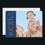 GLATT FAMILJ PHOTO modern elegant blå Julkort<br><div class="desc">by kat masard >> WWW.SIMPLYSWEETPAPERIE.COM <<< En elegant kortdesign med citattecknet "GLATT" med skripttypen för kombinerad elegant med serif-typografi och roligt mönster på baksidan,  ge dig möjligheten att skicka ett personligt meddelande. Med trendigets kantade fyrkantiga foto på framsidan för ditt favoritfoto!</div>