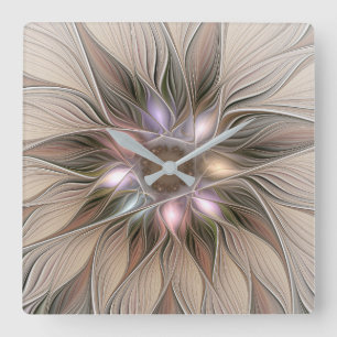 Glatt Flower Abstrakt Beige Brown Blommigt Fractal Fyrkantig Klocka