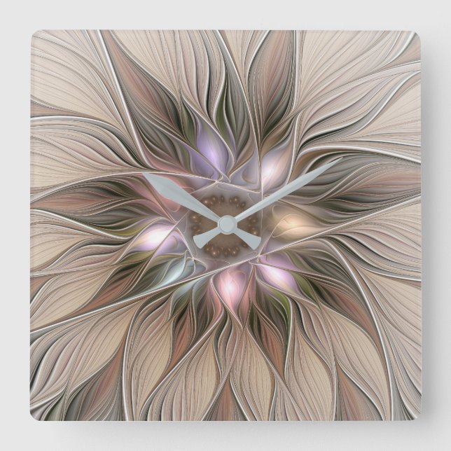 Glatt Flower Abstrakt Beige Brown Blommigt Fractal Fyrkantig Klocka (Framsida)