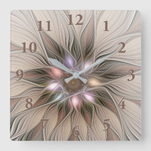 Glatt Flower Abstrakt Beige Brown Blommigt Fractal Fyrkantig Klocka