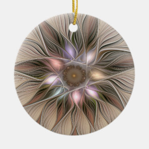 Glatt Flower Abstrakt Beige Brown Blommigt Fractal Julgransprydnad Keramik