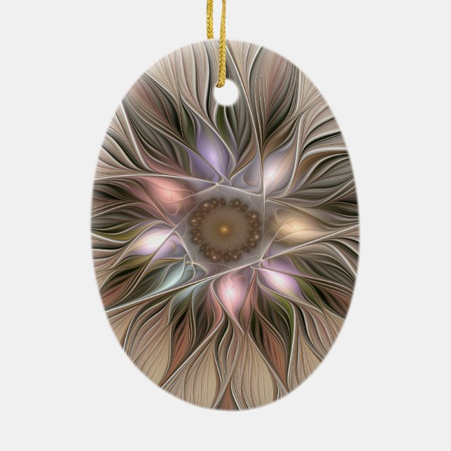 Glatt Flower Abstrakt Beige Brown Blommigt Fractal Julgransprydnad Keramik (Baksidan)