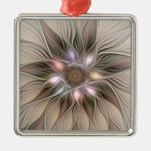Glatt Flower Abstrakt Beige Brown Blommigt Fractal Julgransprydnad Metall