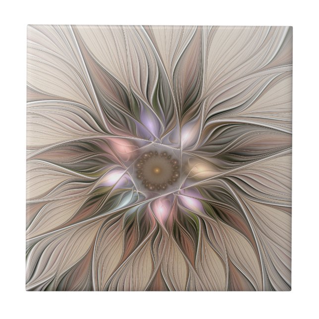 Glatt Flower Abstrakt Beige Brown Blommigt Fractal Kakelplatta (Framsidan)
