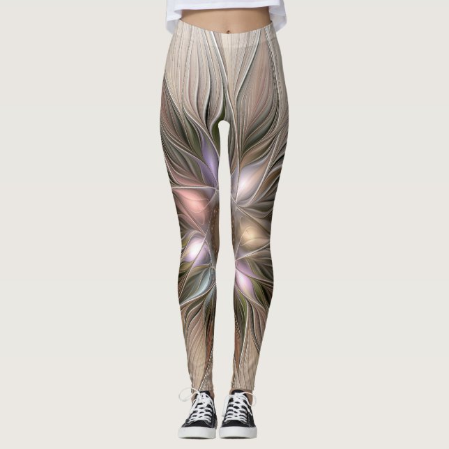 Glatt Flower Abstrakt Beige Brown Blommigt Fractal Leggings (Framsida)