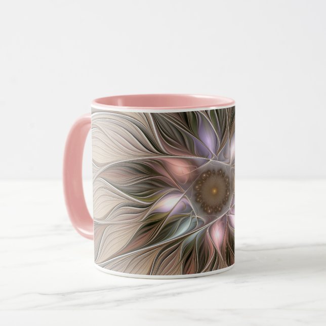 Glatt Flower Abstrakt Beige Brown Blommigt Fractal Mugg (Framsida vänster)
