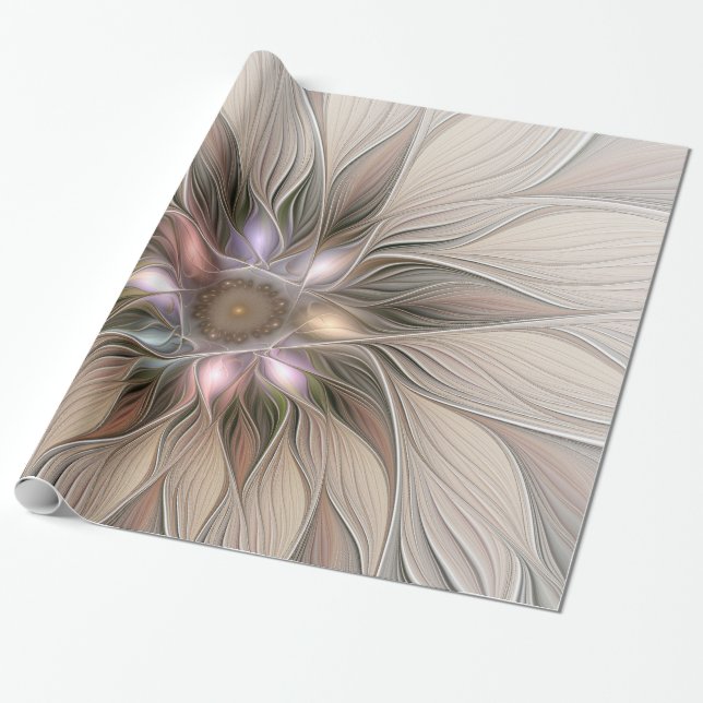 Glatt Flower Abstrakt Beige Brown Blommigt Fractal Presentpapper (Utrullad)