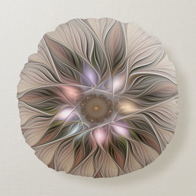 Glatt Flower Abstrakt Beige Brown Blommigt Fractal Rund Kudde (Framsidan)