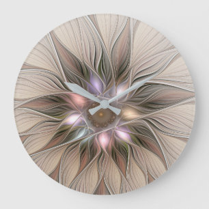 Glatt Flower Abstrakt Beige Brown Blommigt Fractal Stor Klocka
