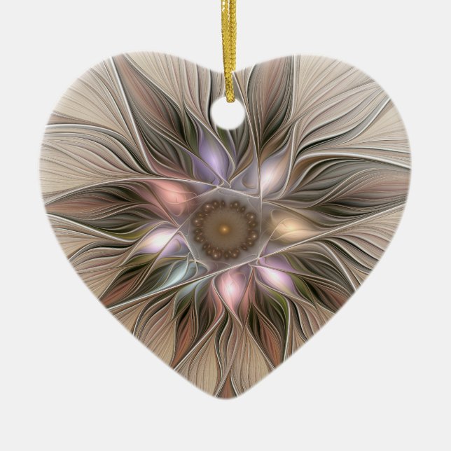 Glatt Flower Abstrakt Beige Brown Fractal Heart Julgransprydnad Keramik (Framsidan)