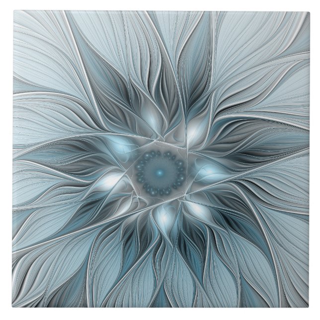 Glatt Flower Abstrakt Blue Grått Blommigt Fractal Kakelplatta (Framsidan)