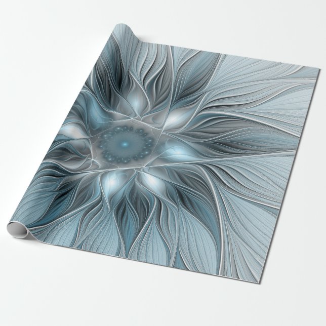 Glatt Flower Abstrakt Blue Grått Blommigt Fractal Presentpapper (Utrullad)