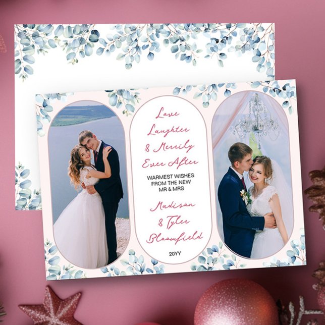 Glatt För Evigt Eukalyptus Nyförlovade Foto Julkort (Merrily Ever After Christmas Photo Card by Darling & May)