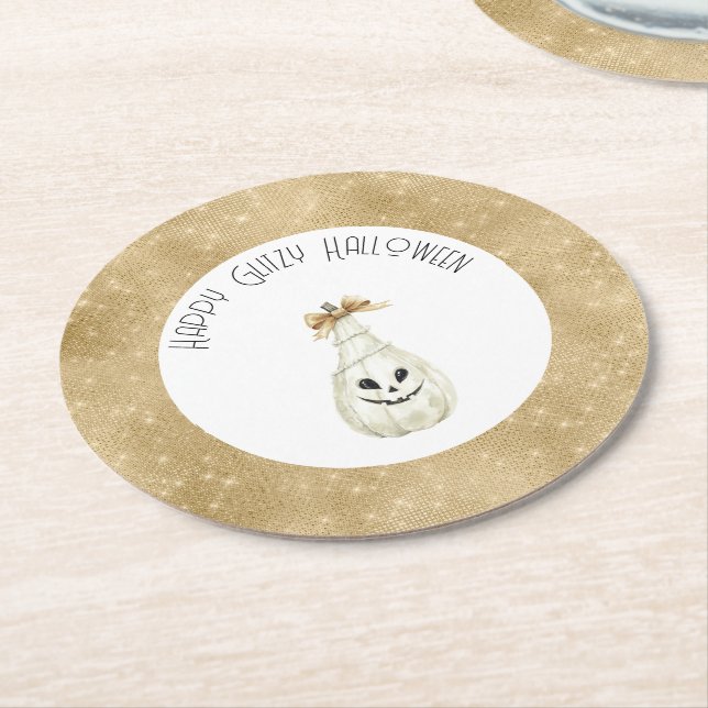 Glatt Glittrig Halloween Guld Kräm Pumpa Ansikte Underlägg Papper Rund (Vinklad)