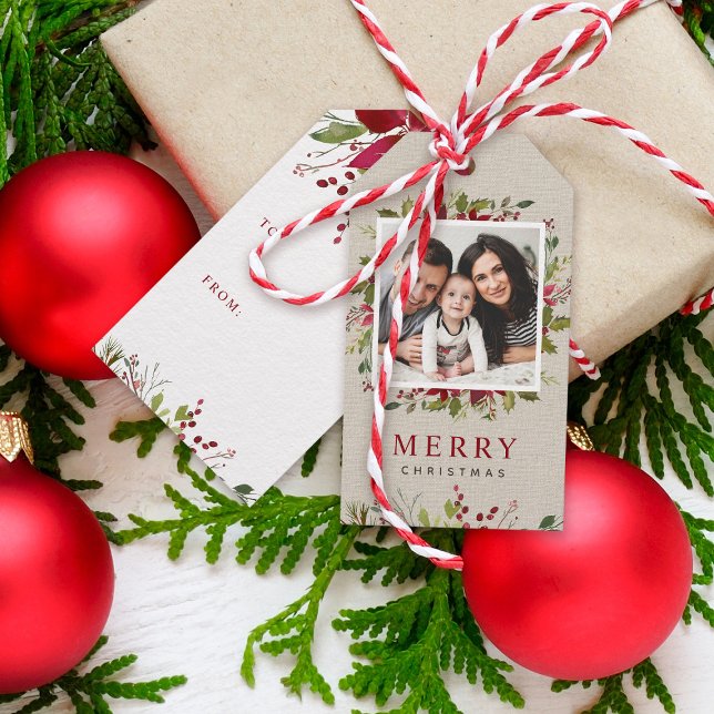 Glatt Greenery Anpassningsbar Photo God jul Presentetikett (Skapare uppladdad)