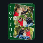Glatt Grönt 3 Family Photo Collage jul Magnet<br><div class="desc">Modern grönt julfotosamlingsmagnet med tre familjefotografier i en roligt som överlappar ögonblicksbilden mönster med vit gräns och ord Glatt skriven vertikalt nedåt. Hitta dina tre favoritmagneter i bilder för den här söta familjens helgdag.</div>