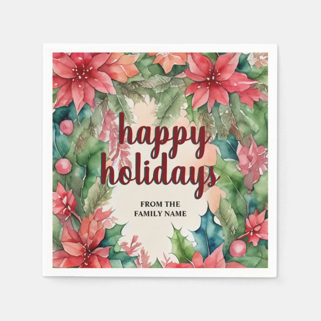 Glatt Grönt Utandning och Röd Poinsettia Helgdag Pappersservett (Framsidan)