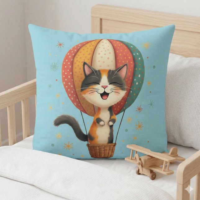 Glatt illustration av Calico Cat Himmel Äventyr Kudde (Joyful Calico Cat Sky Adventure Illustration Throw Pillow Mockup A)