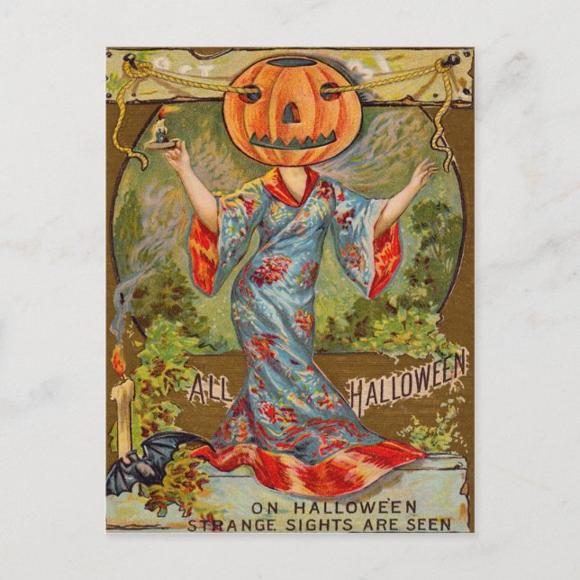 Glatt Jack O' Lantern Pumpa Fladdermus Vykort (Framsida)