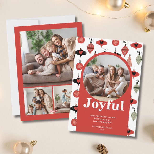 Glatt Jul 4-familjens Photo Collage Red Arch Julkort (Joyful Christmas 4 Family Photo Collage Red Arch Holiday Card)
