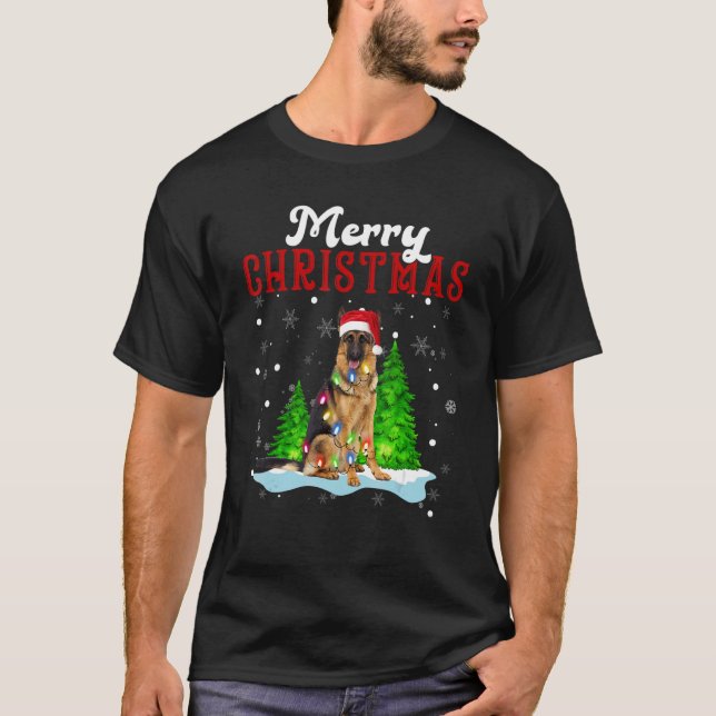 Glatt jul tysk herdehund julgran lampor hund t shirt (Framsida)