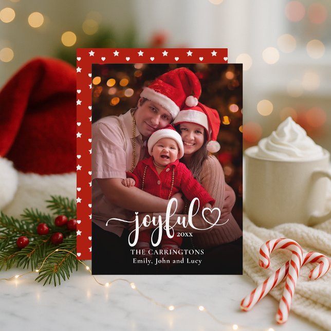 Glatt julfotoport för Helgdag Julkort (Joyful Custom Photo Holiday Christmas Card with Names, Date, Red and White Stars and Hearts.)
