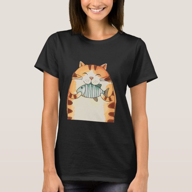 Glatt katt som kramar fisk kul t shirt (Framsida)