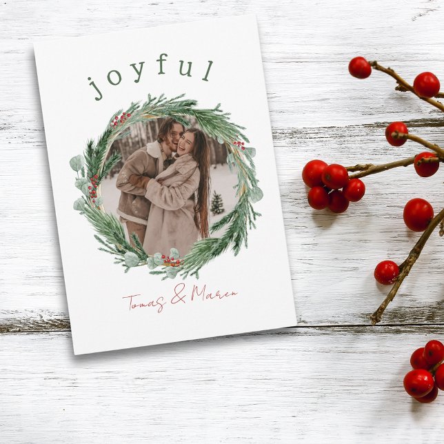 Glatt kort för rustiskt andningsfoto (Joyful Rustic Wreath Photo Christmas Card)
