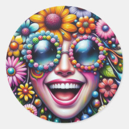 Glatt log Ansikte, omgiven av Flowers Sticker Runt Klistermärke