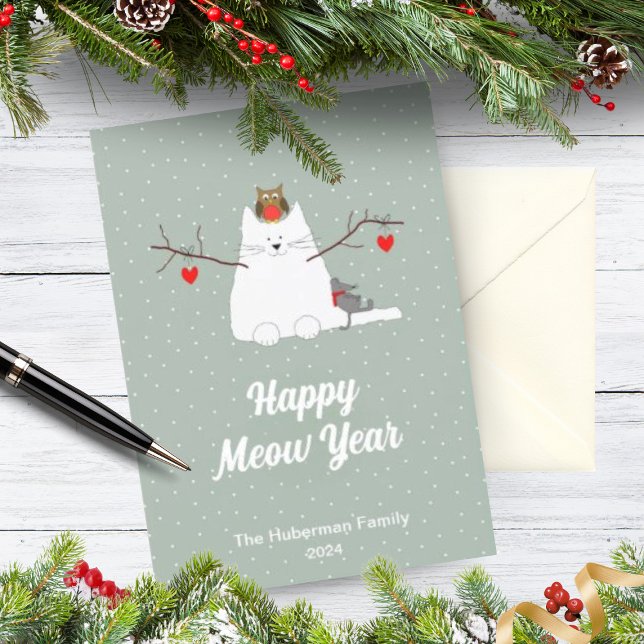 'Glatt mjau år' Katt jul platt högtidskort Julkort (A beautifully illustrated Christmas card with a snowcat, an owl and a sleeping mouse.)