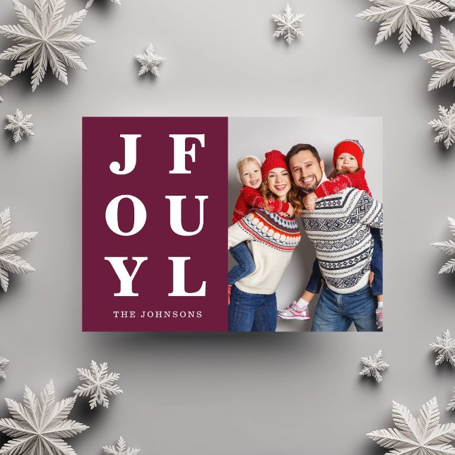 Glatt Modern Burgundy-fotojul Julkort (Elegant Burgundy Joyful One Photo Christmas Holiday Card)