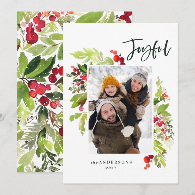 Glatt modernt rött och grönt vinter blad 1-foto julkort (Fram/baksida)