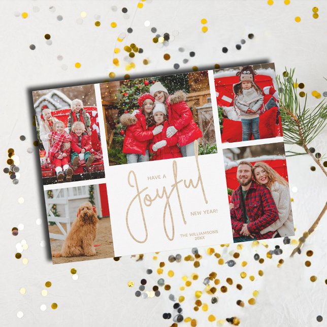 GLATT nyår 5-foto Julkort (Have a JOYFUL New Year 5 Photo Holiday Cards - Order INSTANT DOWNLOAD and or PRINTED or both!)
