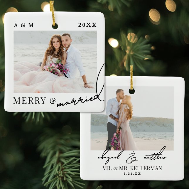 Glatt och gift minimalistisk foto julgransprydnad keramik (Merry And Married Minimalist Photo Ceramic Ornament )