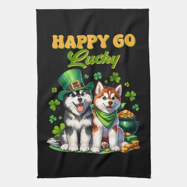 Glatt och lyckligt sött husky St. Patricks dag Kökshandduk (Vertikal)