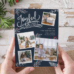 Glatt önskan | Kort för julfoto<br><div class="desc">Fina typografibaserade fotokort med helgdag har fyra av dina favoritfoton i fyrkantiga familjer i en samlingslayout. "Glatt Önskemål" förekommer överst i vit, skrift av typografi på en rik, marin blå bakgrund accentuerad med vita sketchade löv och röda hollbär. Anpassa med hälsning, namn och namn. Kort som går tillbaka till en...</div>