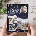 Glatt önskan | Kort för julfoto<br><div class="desc">Fina typografibaserade fotokort med helgdag har fyra av dina favoritfoton i fyrkantiga familjer i en samlingslayout. "Glatt Önskemål" förekommer överst i vit, stavad typografi på en marin blå kritbakgrund accentuerad med vita skissade löv och röda hollbär. Anpassa med hälsning, namn och namn. Kort tillbaka till en festive helgdag som la...</div>