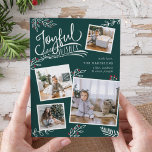Glatt önskan | Kort för julfoto<br><div class="desc">Fina typografibaserade fotokort med helgdag har fyra av dina favoritfoton i fyrkantiga familjer i en samlingslayout. "Glatt Önskemål" förekommer överst i vit, stavad typografi på en grönt av mörk från grisen accentuerad med vita skissade löv och röda hollbär. Anpassa med hälsning, namn och namn. Kort som går tillbaka till en...</div>