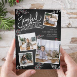 Glatt önskan | Kort för julfoto<br><div class="desc">Fina typografibaserade fotokort med helgdag har fyra av dina favoritfoton i fyrkantiga familjer i en samlingslayout. "Glatt Önskemål" förekommer överst i vit, stavad typografi på en grått-kritbakgrund i träkol accentuerad med vita sketchade löv och röda hollbär. Anpassa med hälsning, namn och namn. Kort som går tillbaka till en festiv helgdag...</div>