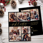Glatt Önskemål Script 5 Photo Collage jul Julkort<br><div class="desc">Modern Simple Elegant Calligraphy Black och Guld 5 Photo Collage Glatt Önskemål Script-Helgdag-julkort. Den här festiva, minimalistiska, viskösa 5-fotokortmallen (5) har ett söt-rutnätsfotokollage och hälsning-texten "Glatta Önskemål" är skriven i ett vackert handskrivet, snabbt sviktande typografi av svan eller kalligrafiskript i rött på vit bakgrund av färg. På motsatt sida med...</div>