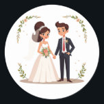 Glatt par Bröllop-sticker Runt Klistermärke<br><div class="desc">Lägg till en liten bit firande i dina meddelanden med den här glada bröllop-klistermärket med en charmerande brud och en trimma!</div>
