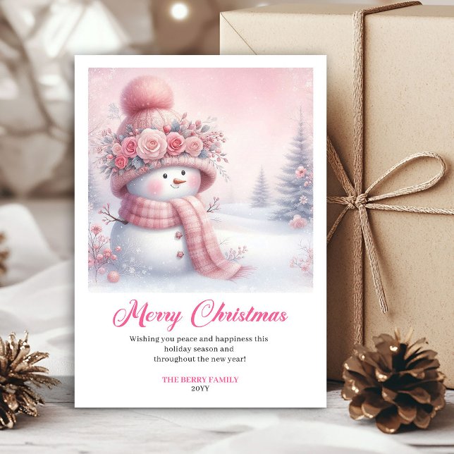 Glatt rosa snömannen barn julkort utskrivbart (Cheery pink snowman kids greeting card printable)