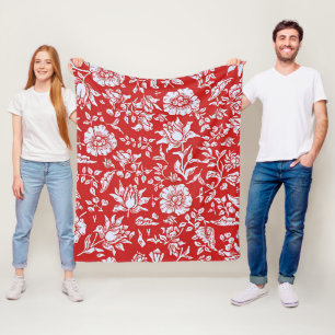 Glatt rött och vitt vintage blommigt mönster fleecefilt