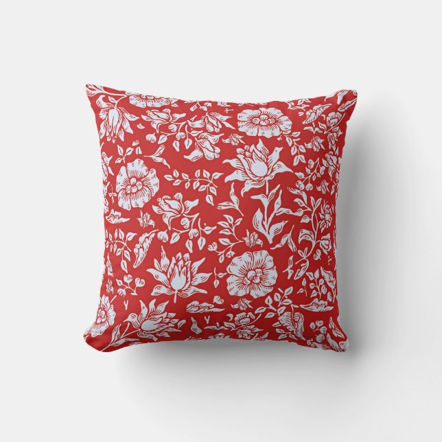 Glatt rött och vitt vintage blommönster kudde (Framsida)