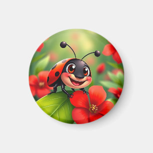 Glatt seriefigur av nyckelpiga som sitter på blomm magnet
