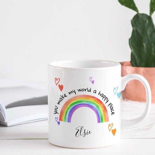 Glatt ställe regnbåge och färgglada hjärtan kaffemugg (Happy Place rainbow mug - ideal teacher gift, appreciation gift ..)