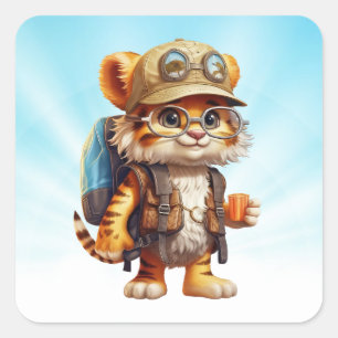 Glatt Tiger Unge med ryggsäck och kaffe Fyrkantigt Klistermärke