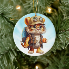 Glatt Tiger Unge med ryggsäck och kaffe Julgransprydnad Keramik